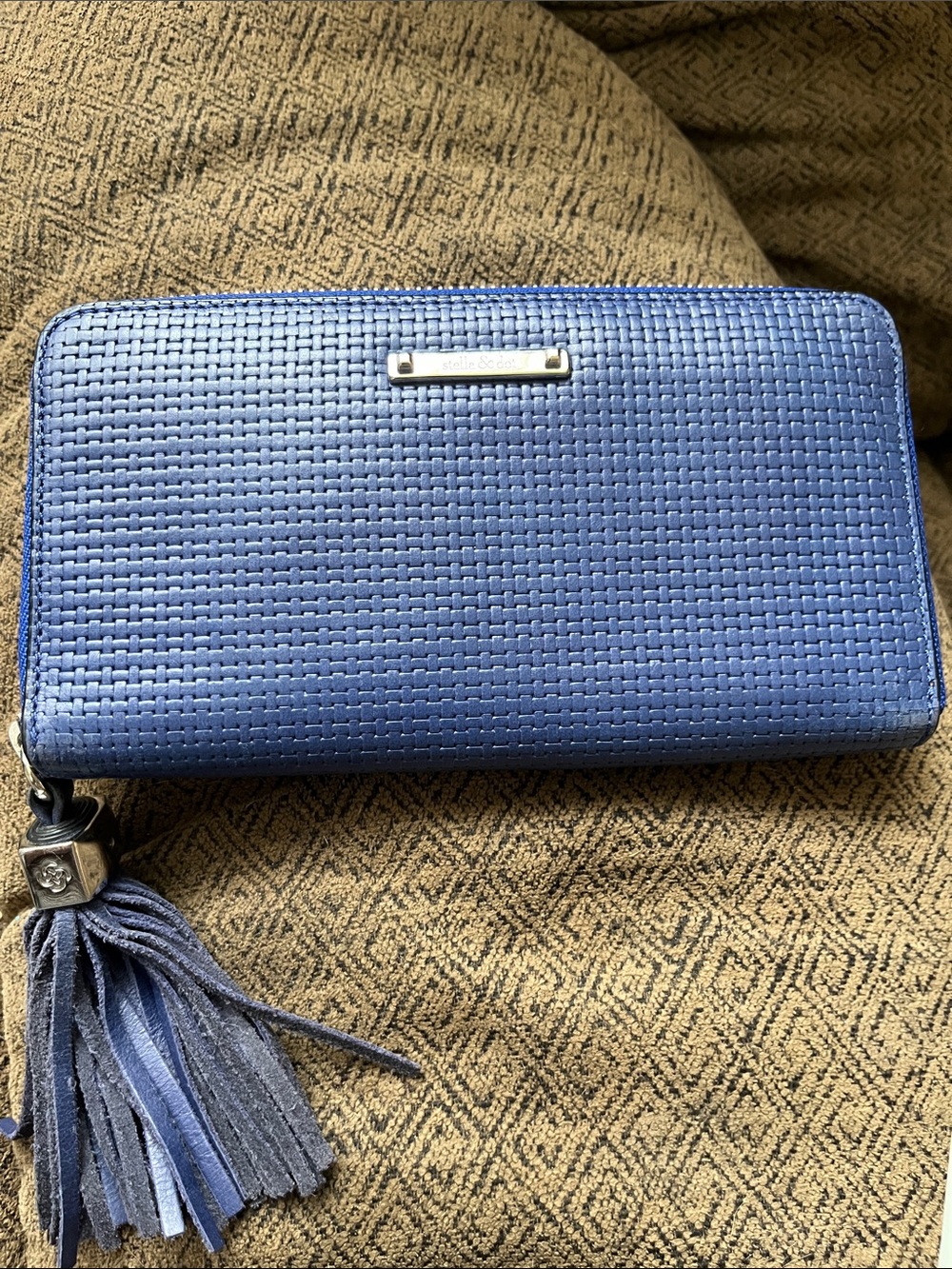 Stella & Dot Blue Woven Zip-Around Wallet with Tassel
